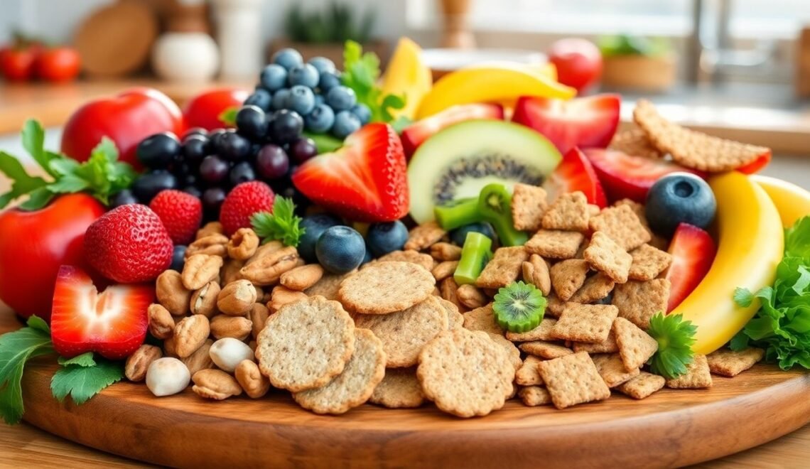 Colorful heart-healthy low sodium snacks on a platter.