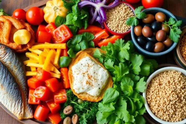 A variety of Mediterranean dishes on a wooden table.