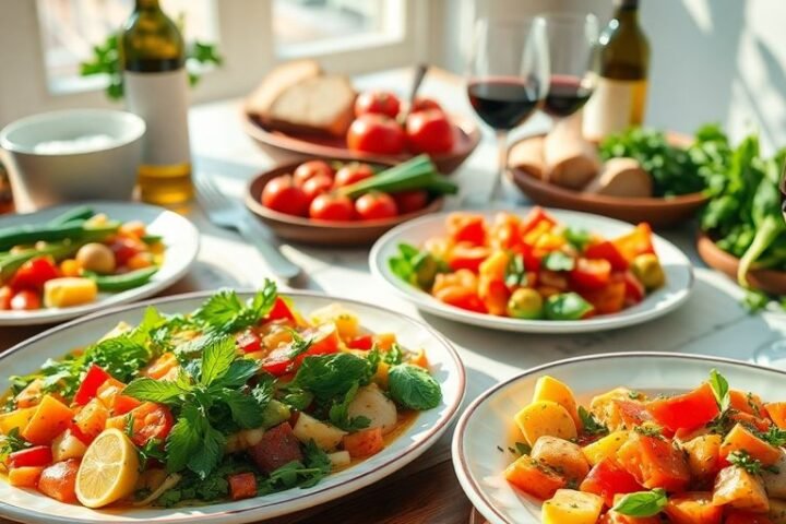 Mediterranean dining table with colorful dishes and fresh ingredients.