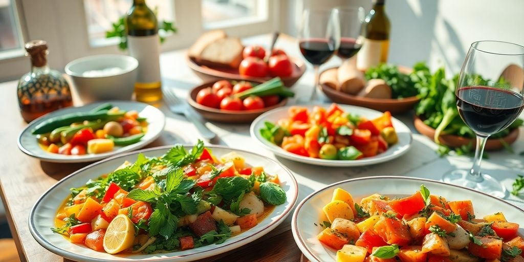 Mediterranean dining table with colorful dishes and fresh ingredients.