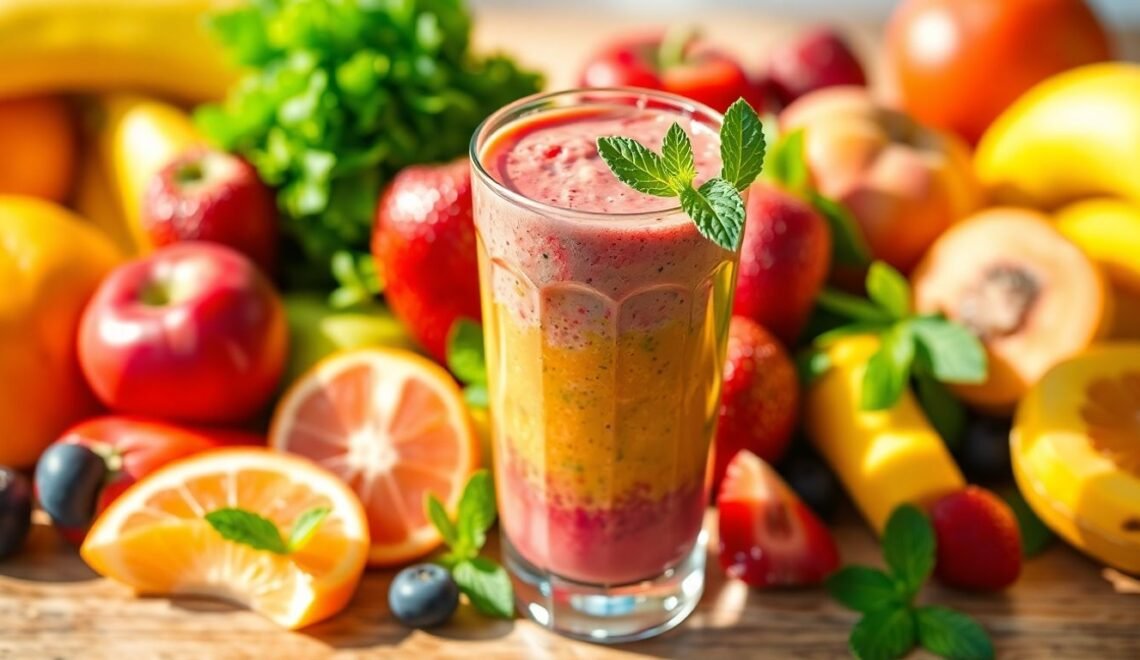 Colorful smoothie with fresh fruits and vegetables.