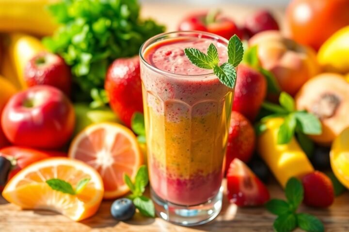 Colorful smoothie with fresh fruits and vegetables.