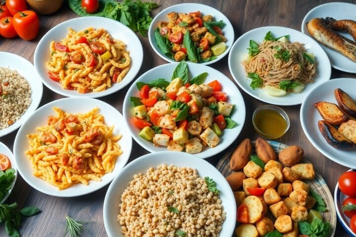 Mediterranean dishes on a wooden table with olive oil.