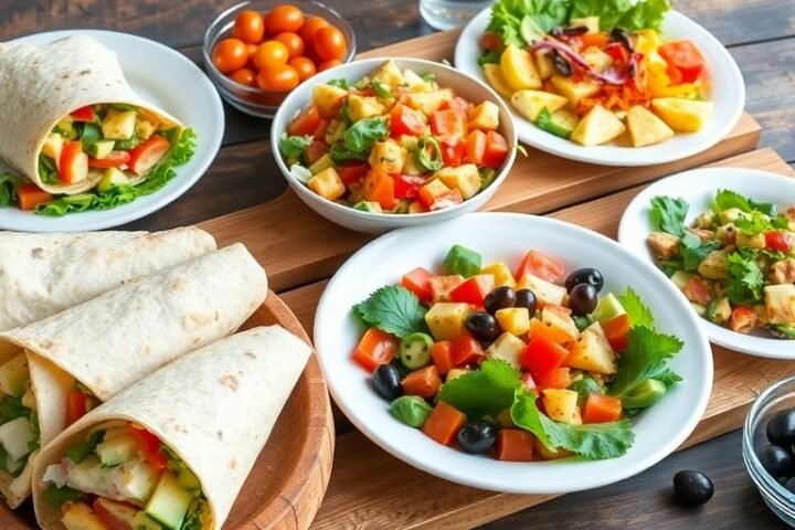 Colorful Mediterranean fast food on a wooden table.