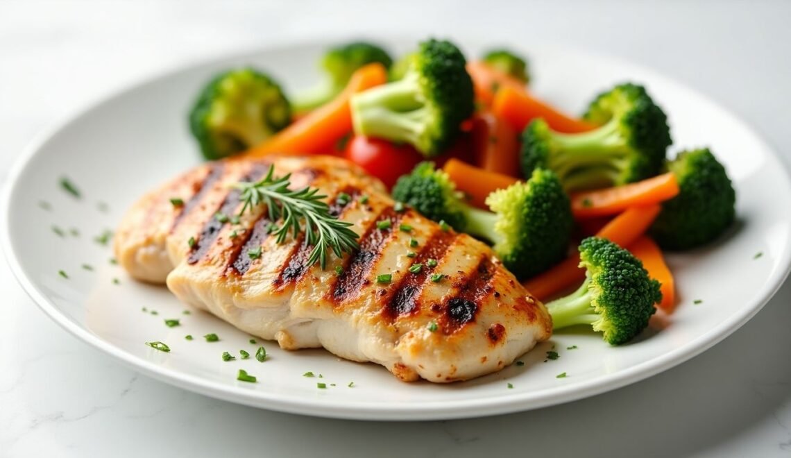 Grilled chicken with colorful vegetables on a white plate.