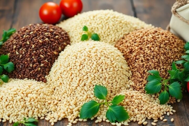 Assorted whole grains with Mediterranean vegetables on a table.