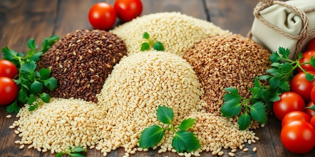 Assorted whole grains with Mediterranean vegetables on a table.