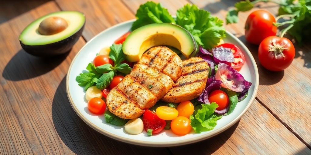 Colorful low-carb meal on a rustic wooden table.