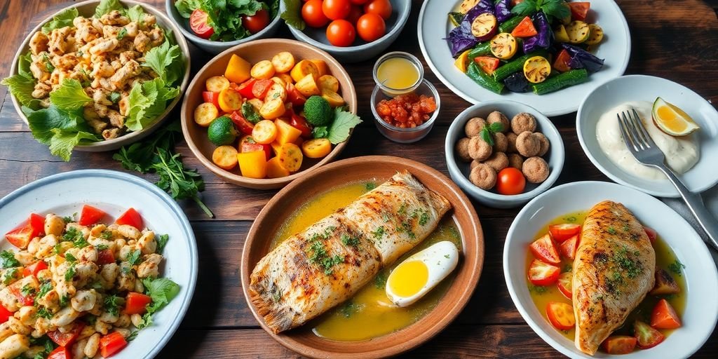 Colorful Mediterranean prepared meals on a rustic table.