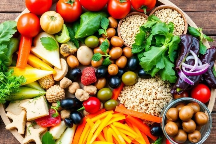 Colorful Mediterranean ingredients on a wooden table.