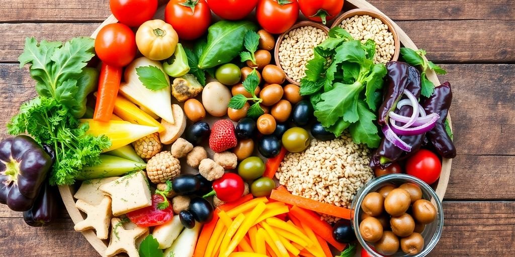 Colorful Mediterranean ingredients on a wooden table.