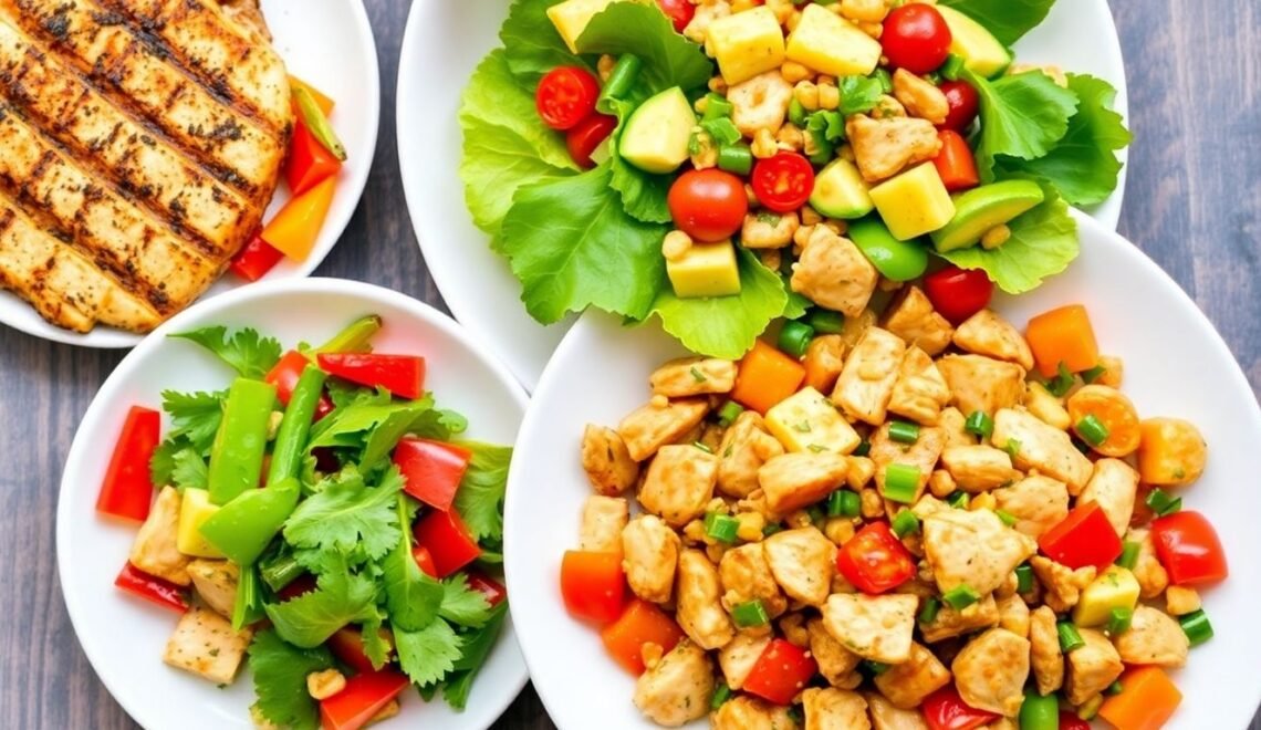 Colorful low-calorie chicken dishes on a dining table.