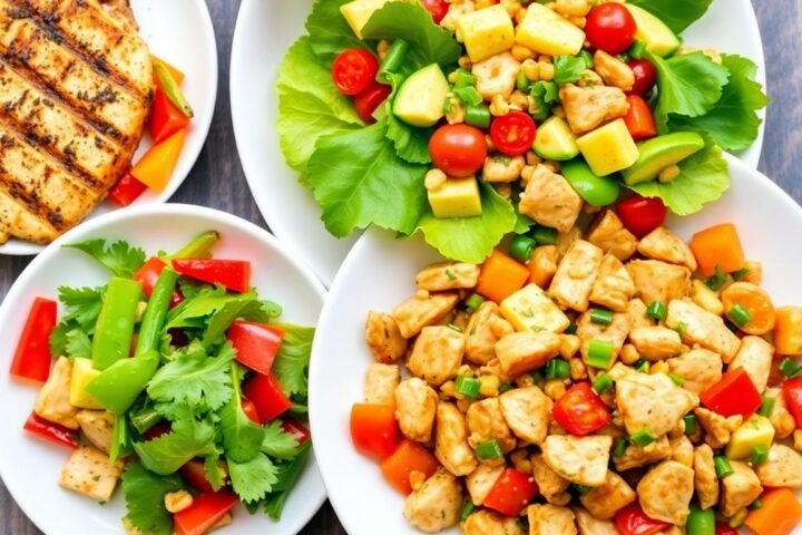 Colorful low-calorie chicken dishes on a dining table.