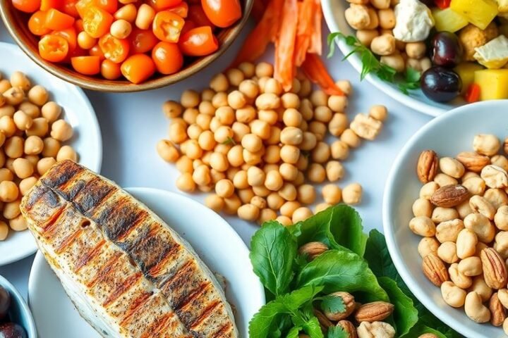 Colorful Mediterranean diet plates with fish and vegetables.