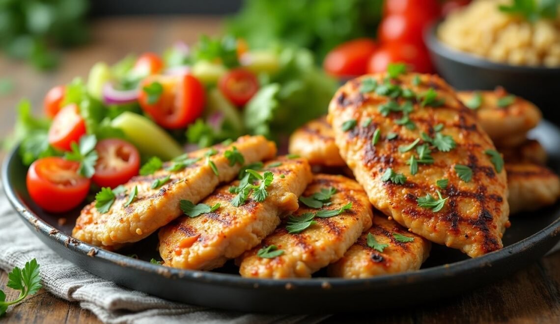 Colorful low-calorie chicken dishes on a rustic table.