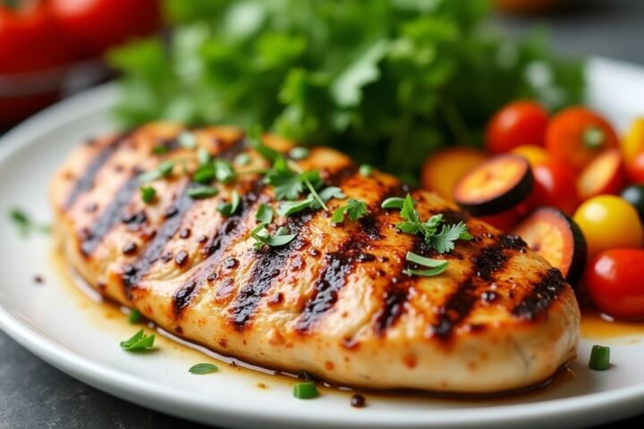 Grilled chicken breast with herbs and roasted vegetables.