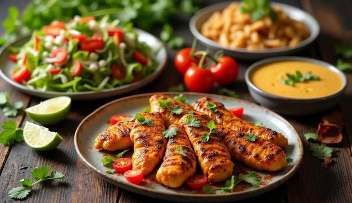 Colorful low-fat chicken dishes on a rustic wooden table.