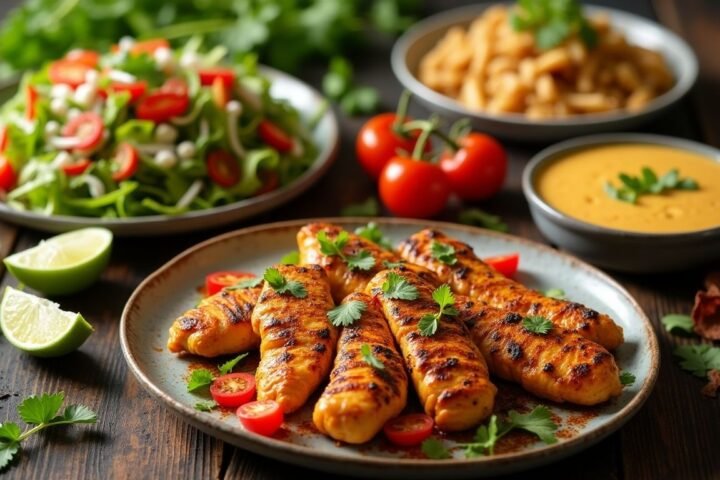 Colorful low-fat chicken dishes on a rustic wooden table.