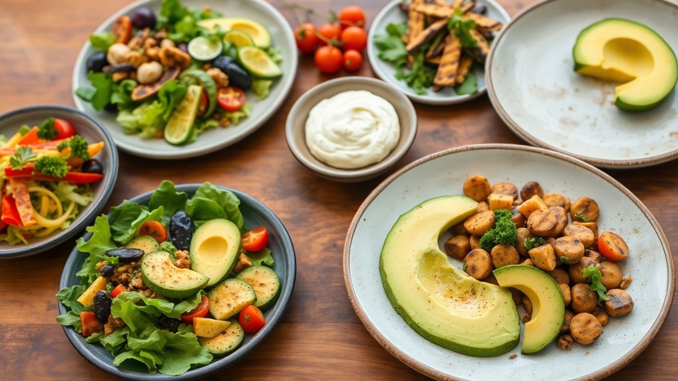 Colorful low-carb vegan meals on a wooden table.