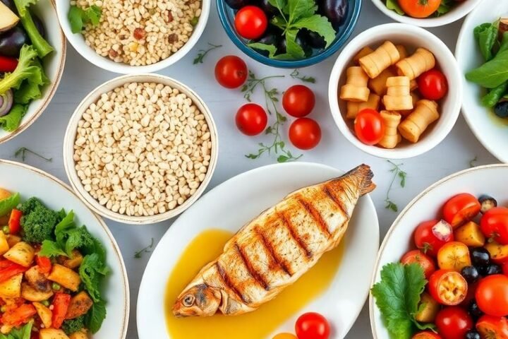 Colorful Mediterranean dishes on a dining table.