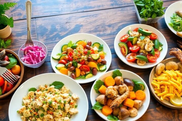 Colorful Mediterranean meal on a rustic wooden table.