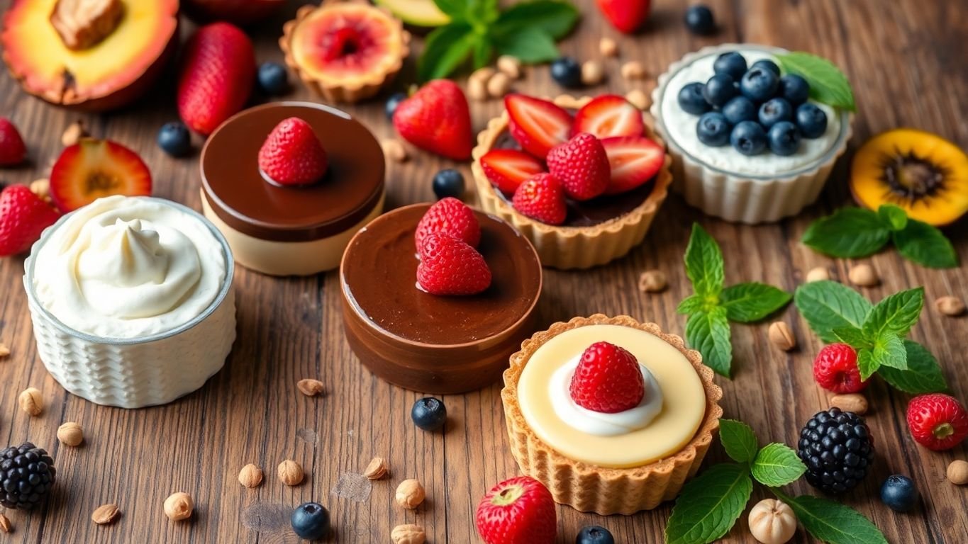 Delicious plant-based desserts on a wooden table.