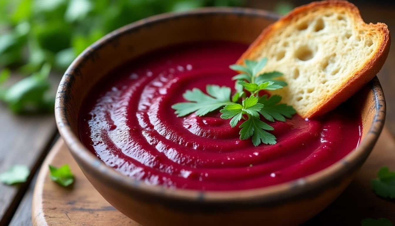 Borscht-inspired beet soup in a rustic bowl.