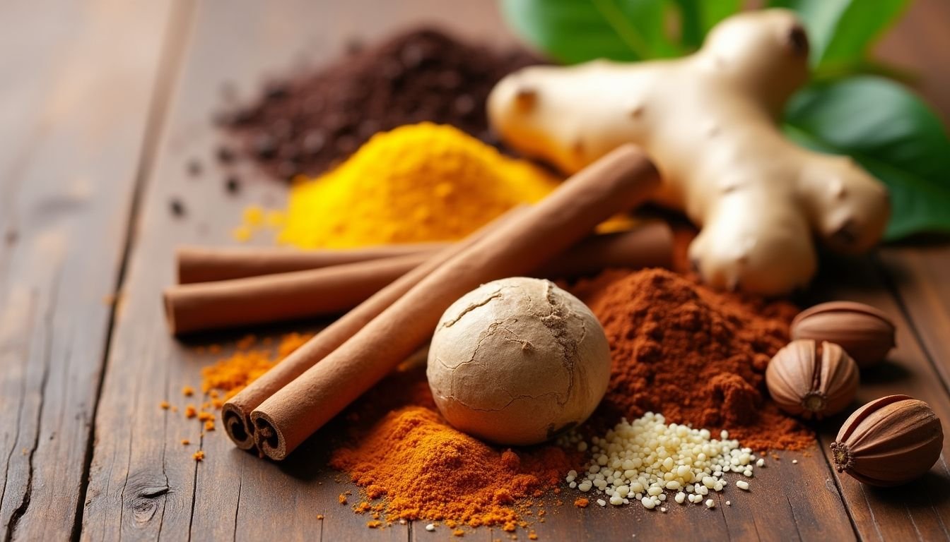 Cinnamon, nutmeg, and ginger on a wooden surface.