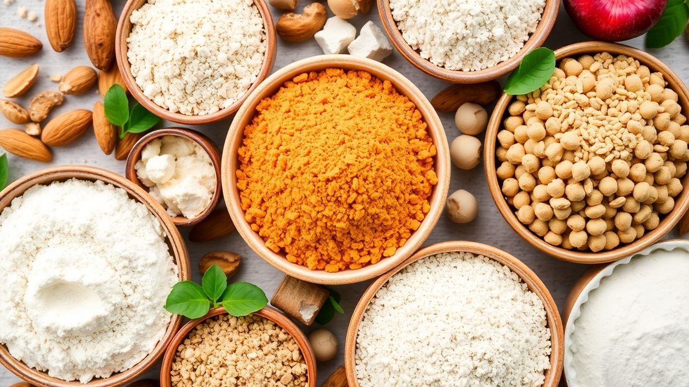 Bowls of various plant-based flours with fresh ingredients.