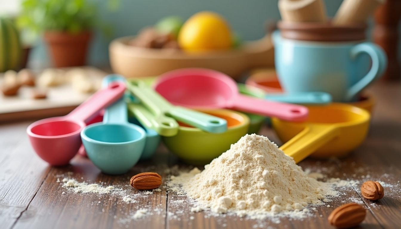 Measuring cups and spoons for plant-based baking.