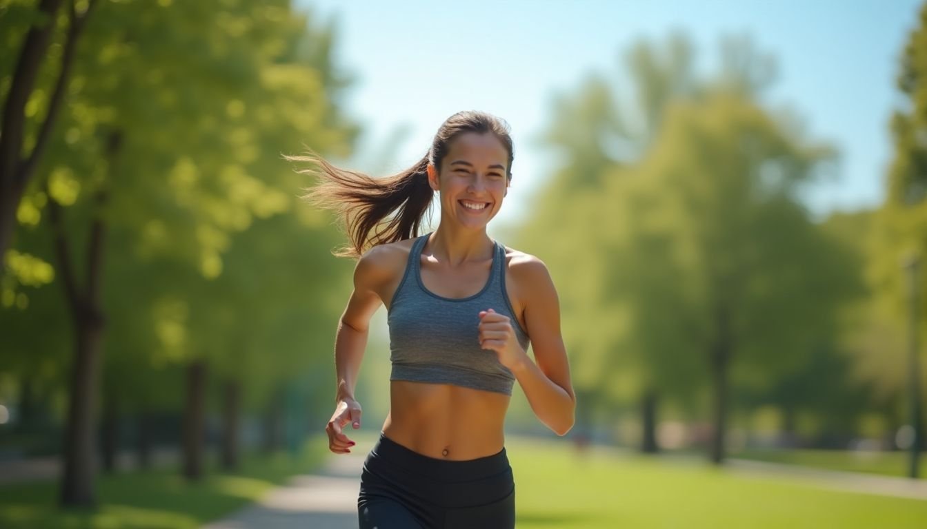 Young woman jogging in a park, promoting health and fitness.