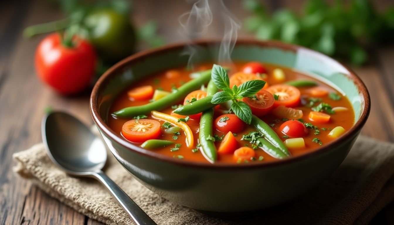 Bowl of colorful Sacred Heart Soup with vegetables.