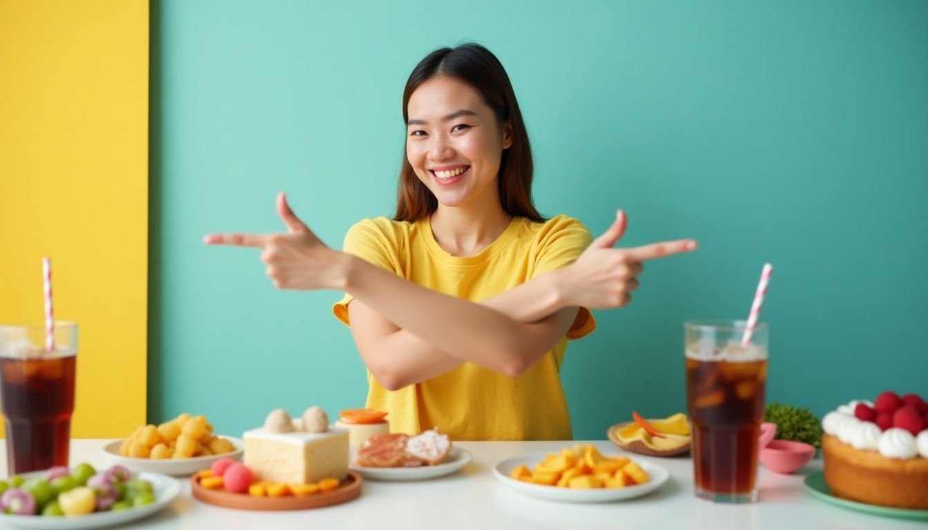 Woman rejecting sugary foods with arms crossed.