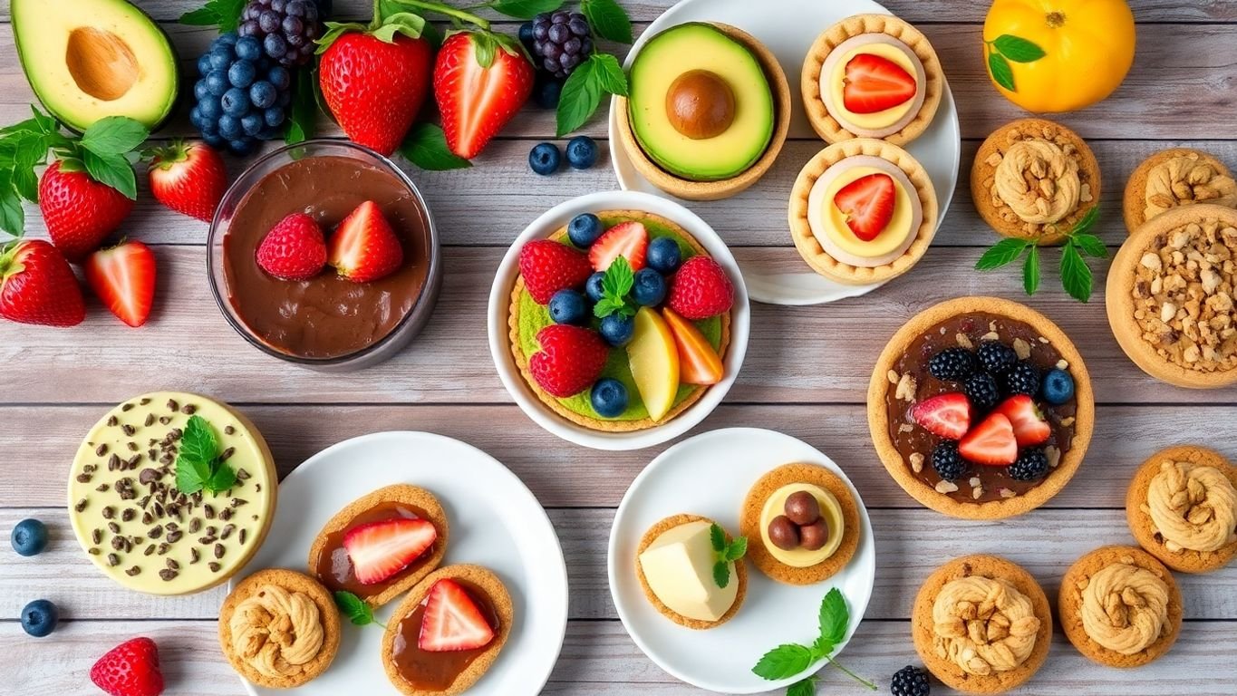 Colorful plant-based desserts on a wooden table.