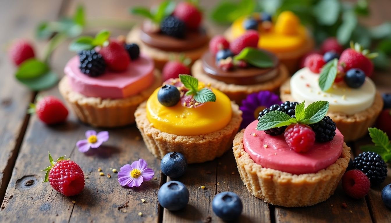 Colorful plant-based desserts on a wooden table.